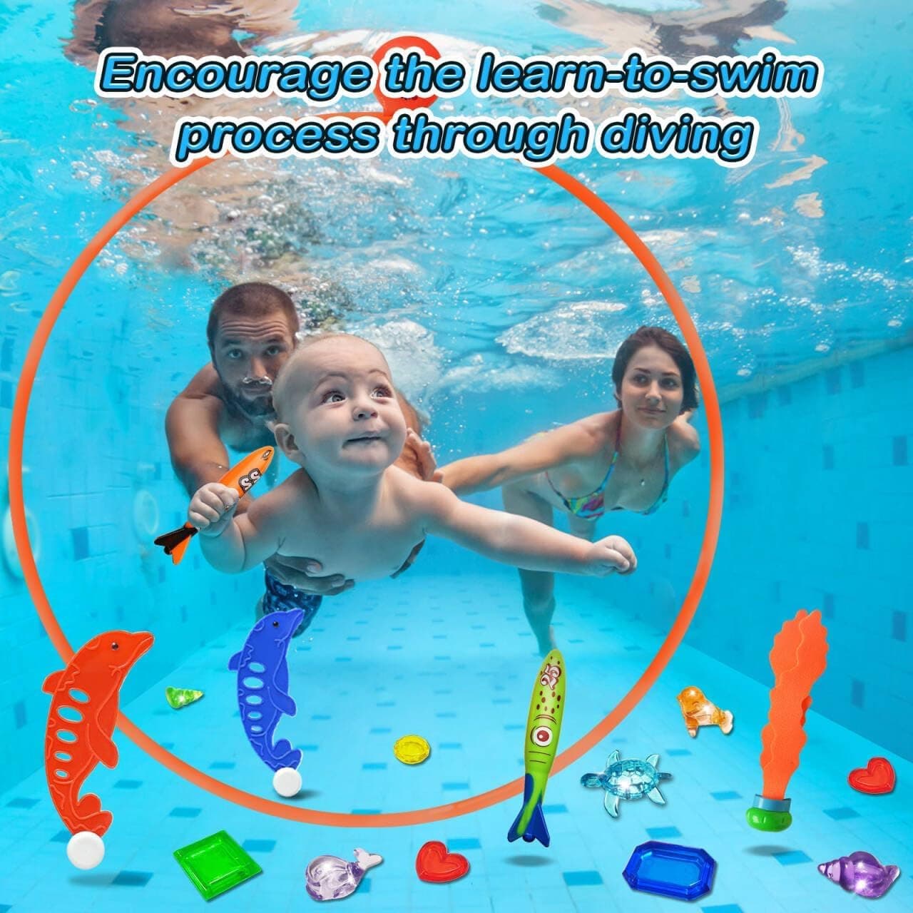 Jasonwell Pool Toys Diving Rings - 28PCS Swim Thru Rings Pool Game Diving Toys with Dive Ring Underwater Treasures Torpedo Bandits Fish Toy Fun Water Swimming Toy for Boys Girls Kids Teens Adults Green&orange&blue - Image 5