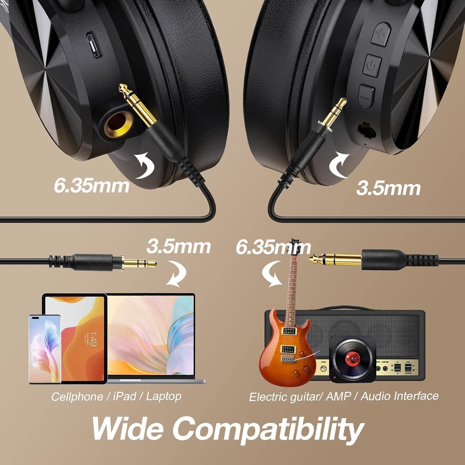 OneOdio A70 Bluetooth Over Ear Headphones, Wireless Headphones with 72H Playtime, Hi-Res, Built-in Mic, 3.5mm/6.35mm Wired Audio Jack for Studio Monitor & Mixing DJ Guitar AMP, Computer PC Gaming Black - Image 5