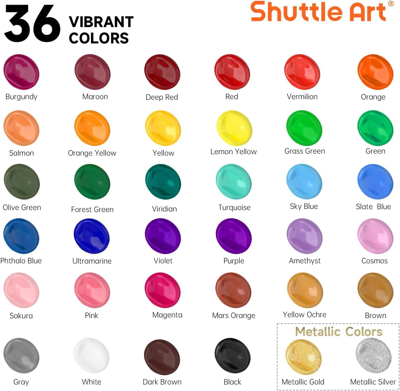 Shuttle Art Acrylic Paint Set, 36 Colors Acrylic Paint with Brushes & Palette, 2oz/60ml Bottles, Rich Pigments Non-toxic for Artists Kids & Adults, Painting on Canvas Rock Ceramic Wood Regular 2 Fl Oz (Pack of 36) - Image 3