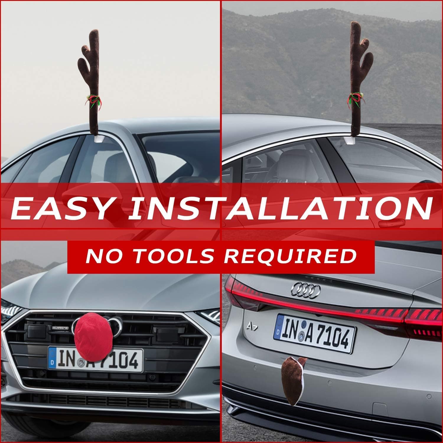 MOMONI Premium Reindeer Car Kit Antlers, Nose, Tail- Rudolph Set Reindeer Christmas Decoration Car Costume Auto Accessories - Image 4