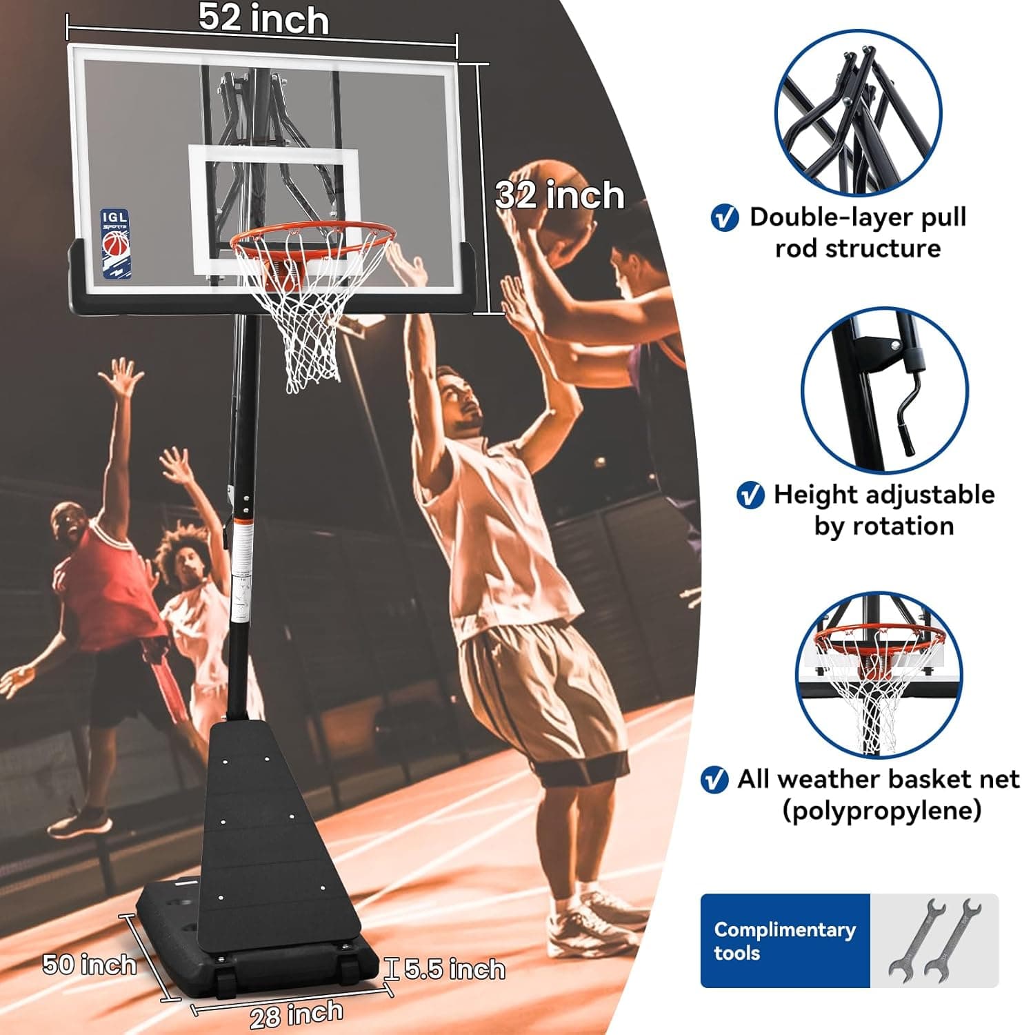 IGL Basketball Hoop Outdoor with 52 Inch Shatterproof Backboard, 10FT Height Portable Basketball Hoop Outdoor, Adjustable Basketball Goal System Black - Image 4