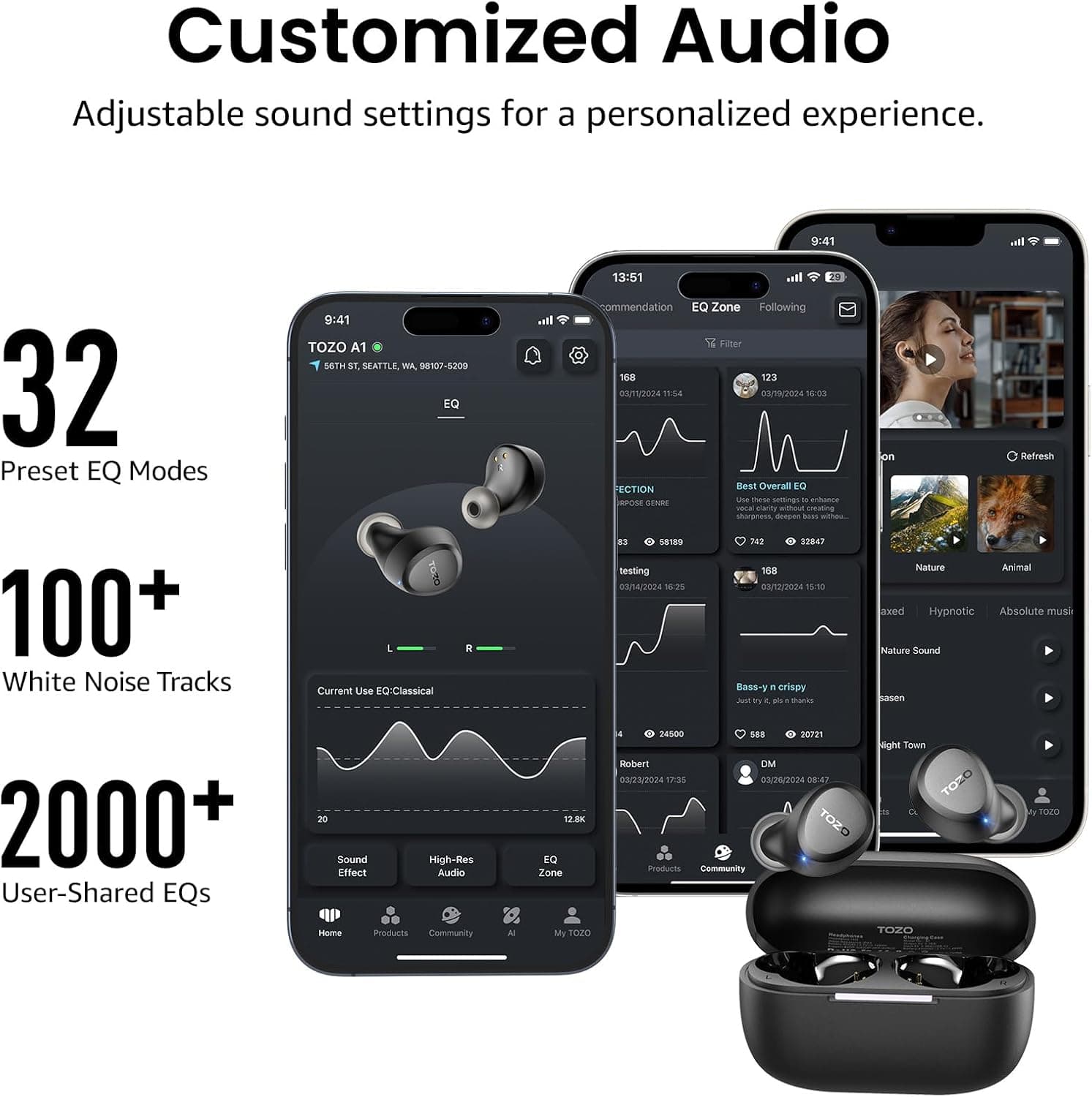 TOZO A1 Wireless Earbuds Bluetooth 5.3 Light Weight in Ear IPX5 Waterproof Headphones 2 Mic for AI Calls, Immersive Premium Sound Bass Headset with Charging Case, 32 Presets EQ Customization via App Black Small Classical Edition - Image 7