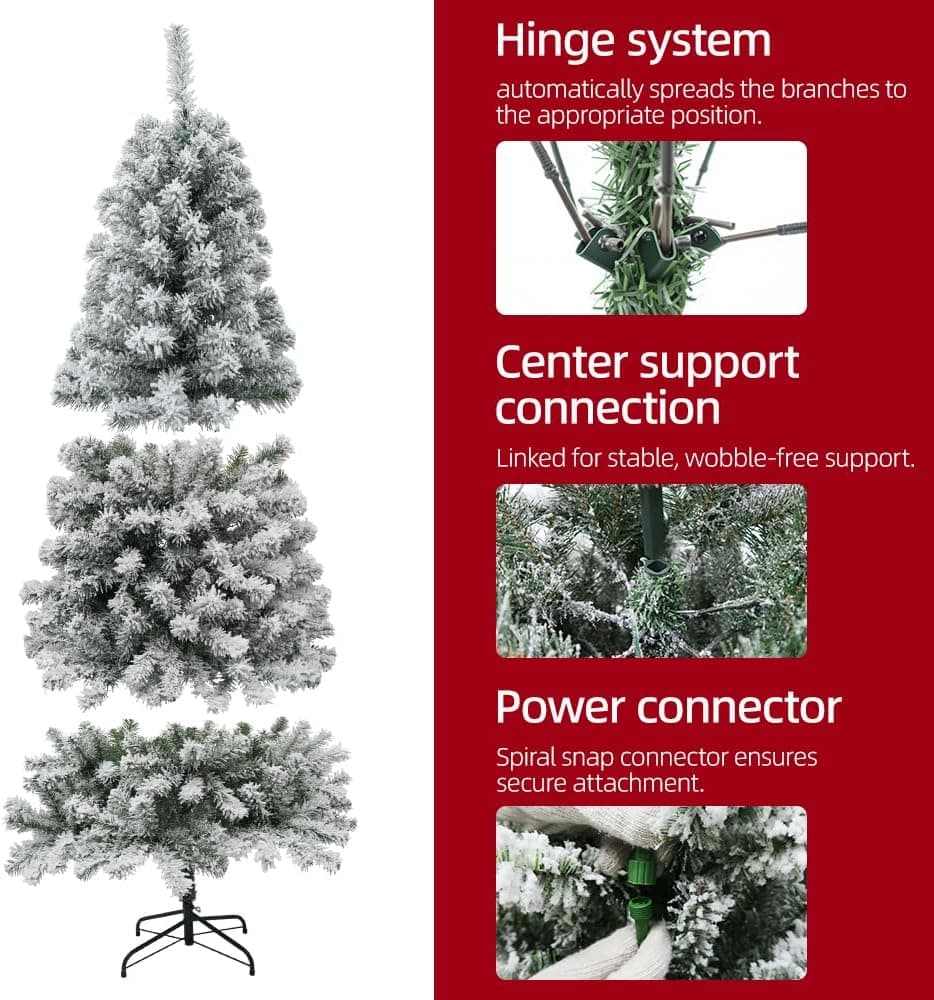 Prelit Christmas Tree With Lights 6ft - Premium Snow Flocked Artificial Xmas Tree, With 874 Branch Tips and 250 Warm Lightsm, Support Automatique,Perfect Choice for Christmas Decorations,White - Image 4