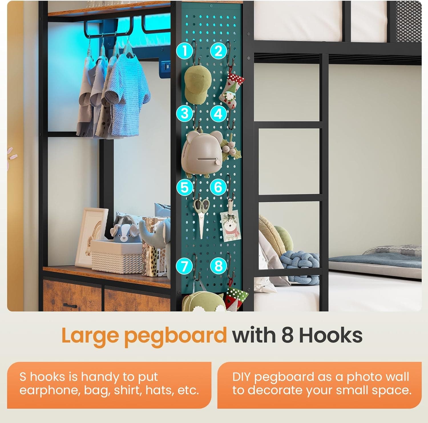 Itaar Metal Bunk Bed Twin Over Twin with Hall Tree, Power Outlet, LED Bunk Bed with 4 Storage Drawers, Bed with Safety Guardrail & Ladders, No Box Spring Needed, Easy Assembly, Rustic Brown Twin Rustic Brown - Image 7