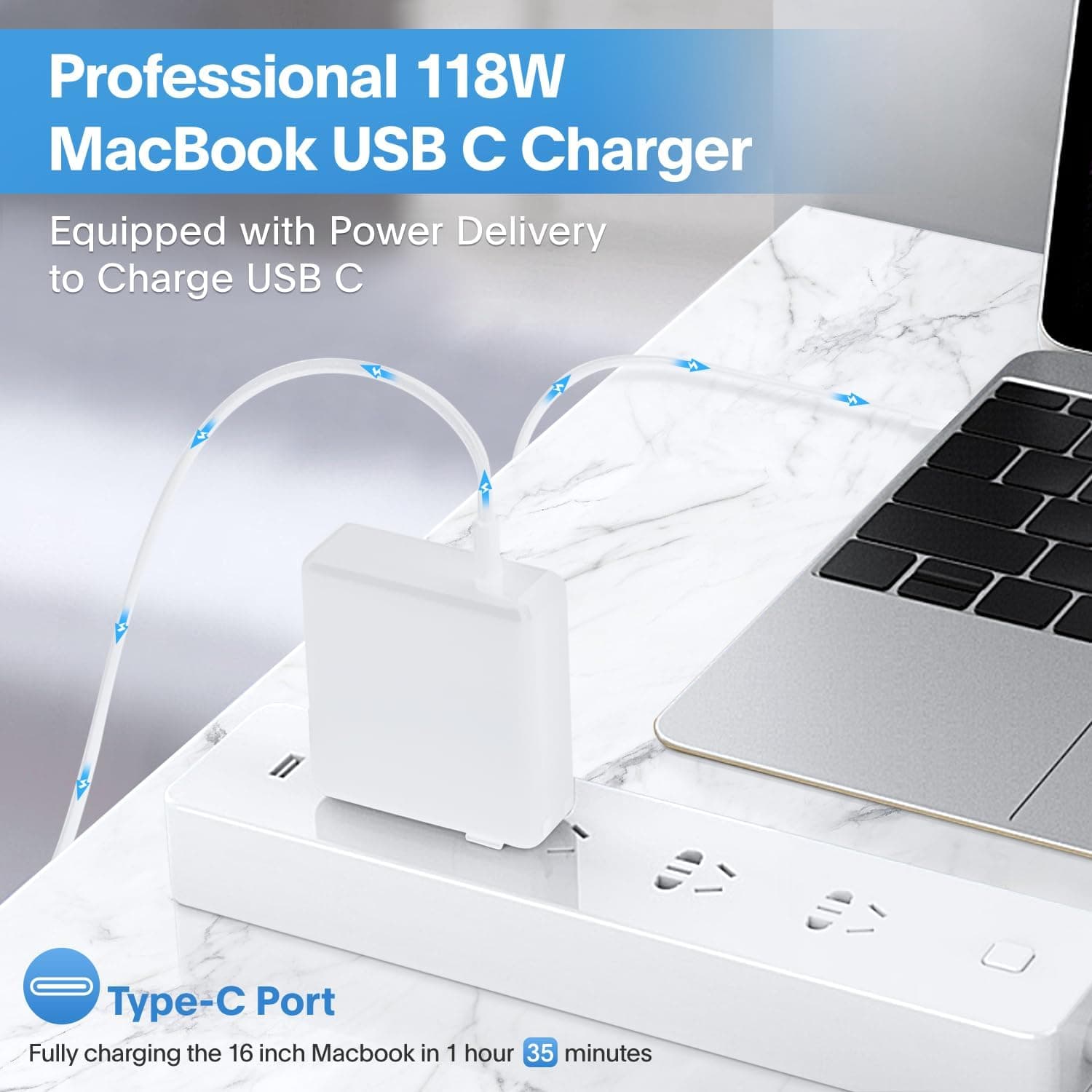 Mac Book Pro Charger - 118W USB C Charger Fast Charger Compatible with MacBook pro/Air, M1 M2 M3 M4 M5, ipad Pro, Samsung Galaxy and More, Include Charge Cable White - Image 3