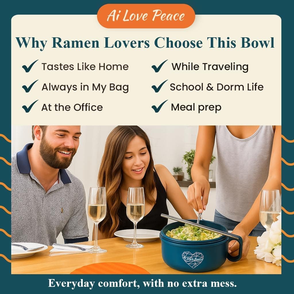 AI LOVE PEACE 拉面碗，40盎司微波炉可用的面条锅，适合拉面、越南河粉、汤和意大利面，洗碗机安全且便携，理想用于家庭、办公室、宿舍或作为礼物（橙色）橙色 40盎司（单碗） - Image 7