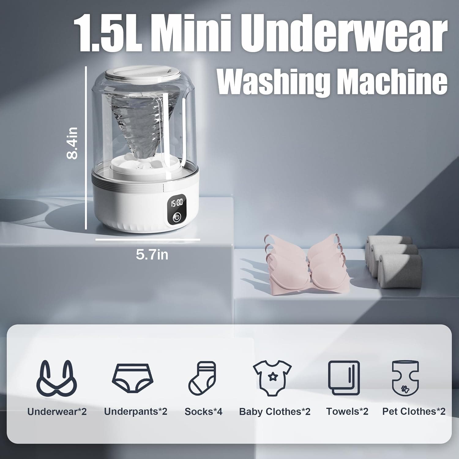 Underwear Washing Machine, Upgrade 1.5L Mini Portable Washing Machine Rechargeable Underwear Washer Deep Cleans Small Clothes for Apartment, Dorm, RV, Travel & Hotel Use White - Image 2