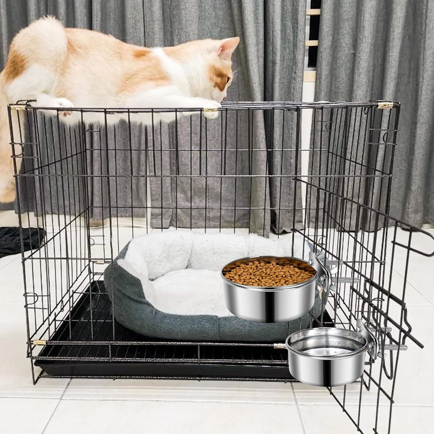 2 Pcs Small Pet Dog Food Water Bowl for Cage Stainless Steel Non-Spill Kennel Hanging Cats Pets Bowls with Clamp Holder Crate Feeder Dish for Small Dogs Pets (4.7x1.9'' & 3.9x1.7'') XS (19 & 12 OZ) Silver - Image 8