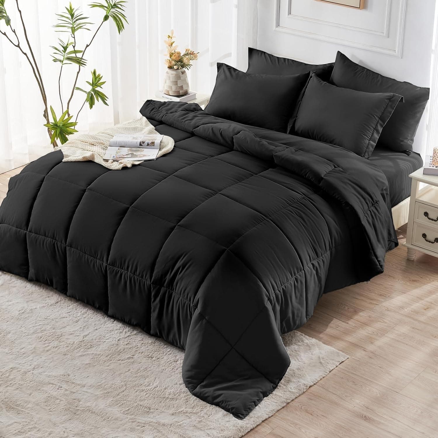 JOLLYVOGUE Queen Comforter Set, Ultra-Soft Bed in a Bag Queen Size 7 Pieces, Oeko-TEX Certified Bedding Set with Down Alternative Comforter, Sheets, Pillowcases & Shams, Black Black QUEEN(88"*88") - Image 8