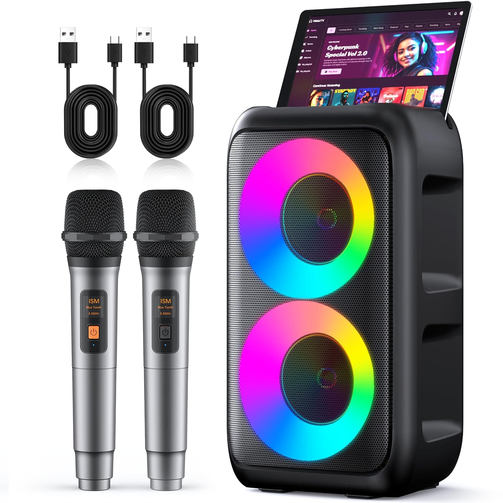 Karaoke Machine for Adults Kids, Portable Bluetooth Speaker with 2 Wireless Microphones, TWS Mode & LED Light, 10H Battery PA System Stage Monitors,Perfect for Home Party Outdoor Birthday Gifts(Black)