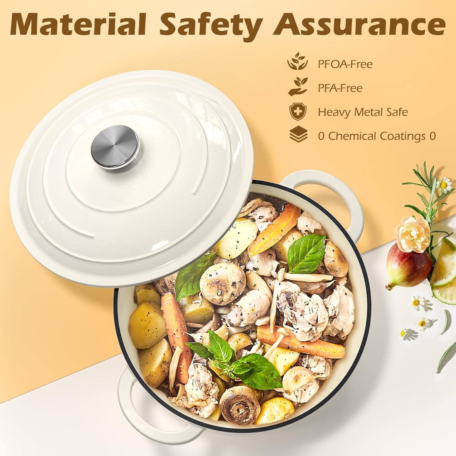 Enameled Cast Iron Dutch Oven - Umite Chef 5QT Pot with Lid & Cotton Potholders - Heavy-Duty Cookware for Bread Baking, Braising, Stews, Roasting(Cream White) - Image 7