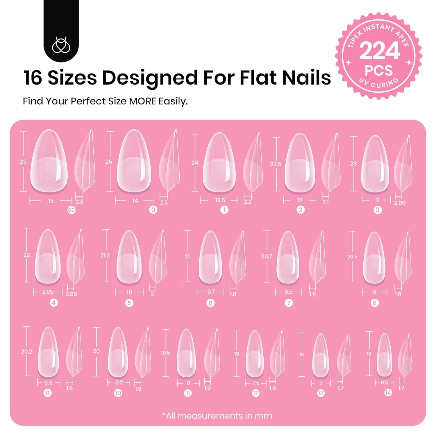 Beetles Tipex Gel Nail Kit, Medium Almond Nail Tips 224 Pcs 16 Sizes Pre-Building Pre-Etched Thick Acrylic Tips with Tipex Glue, Mini Lamp 1L-Almond Medium 224pcs (Tipex Nail Kit) - Image 4