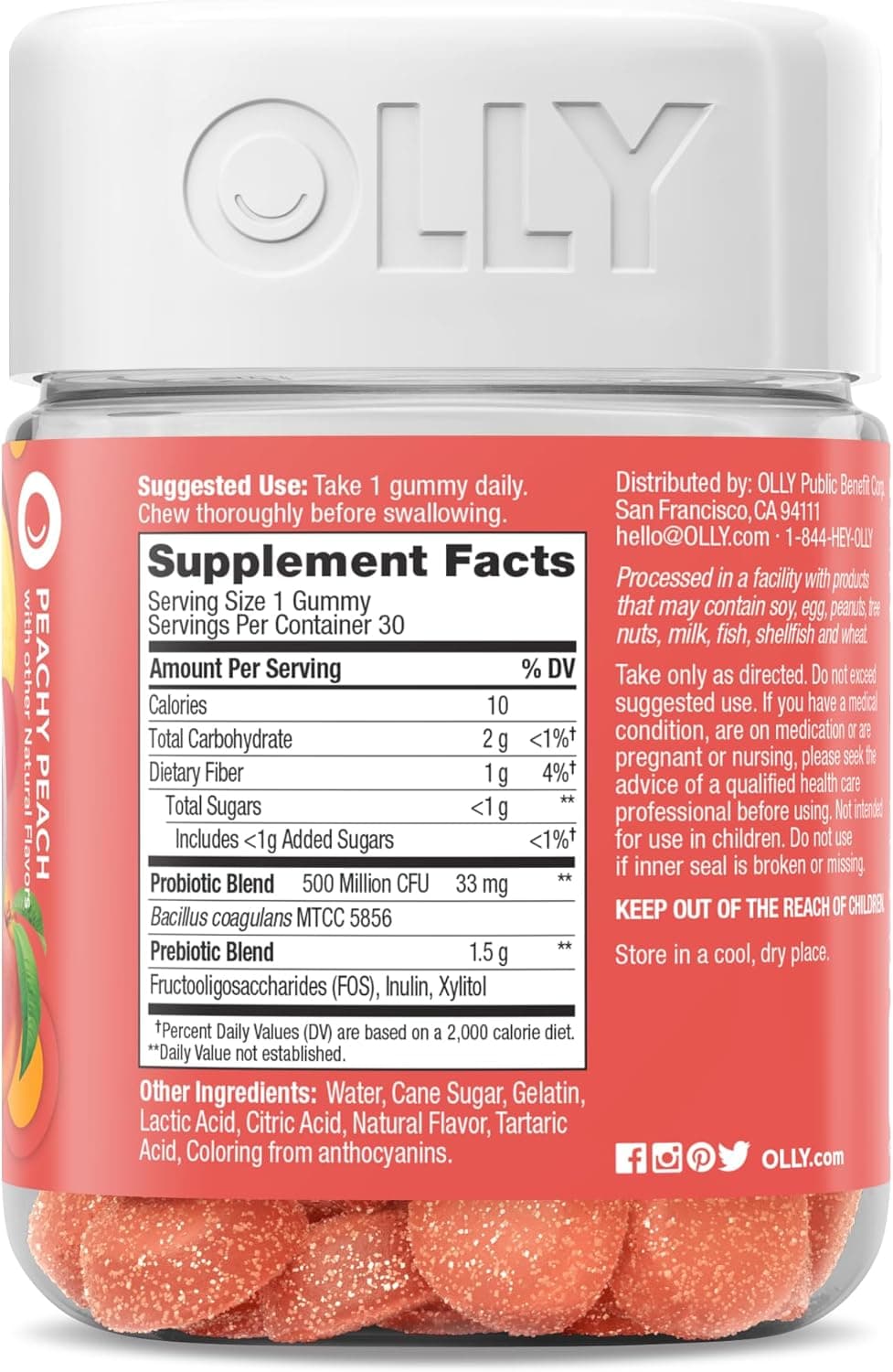 OLLY Probiotic + Prebiotic Gummy, Digestive Support and Gut Health, 500 Million CFUs, Fiber, Adult Chewable Supplement for Men and Women, Peach, 30 Day Supply - 30 Count 30 Count (Pack of 1) Nutritional Supplement - Image 8