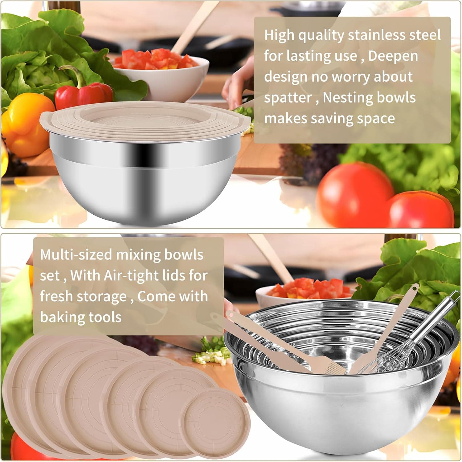 Mixing Bowls Set, 27PCS Khaki Mixing Bowls With Lids Set Stainless Steel Kitchen Large Nesting Metal Bowl 7QT to 1.5QT, Measuring Cups and Spoons for Prepping Cooking Serving Khaki Bowls Set - Image 8