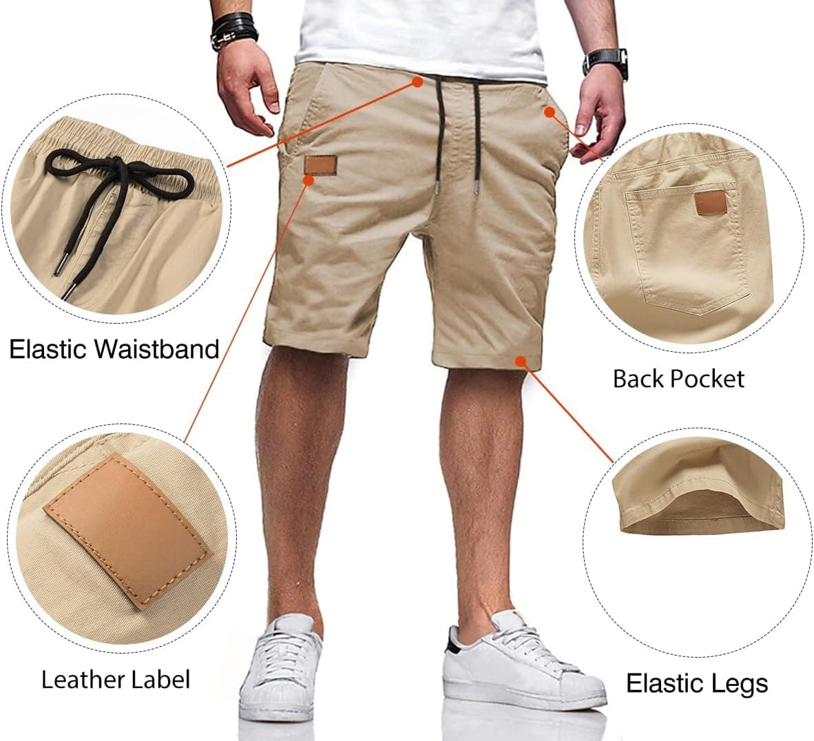 JMIERR Mens Casual Shorts - Cotton Drawstring Summer Beach Stretch Twill Chino Golf Shorts Large S1 Khaki 2 - Image 4