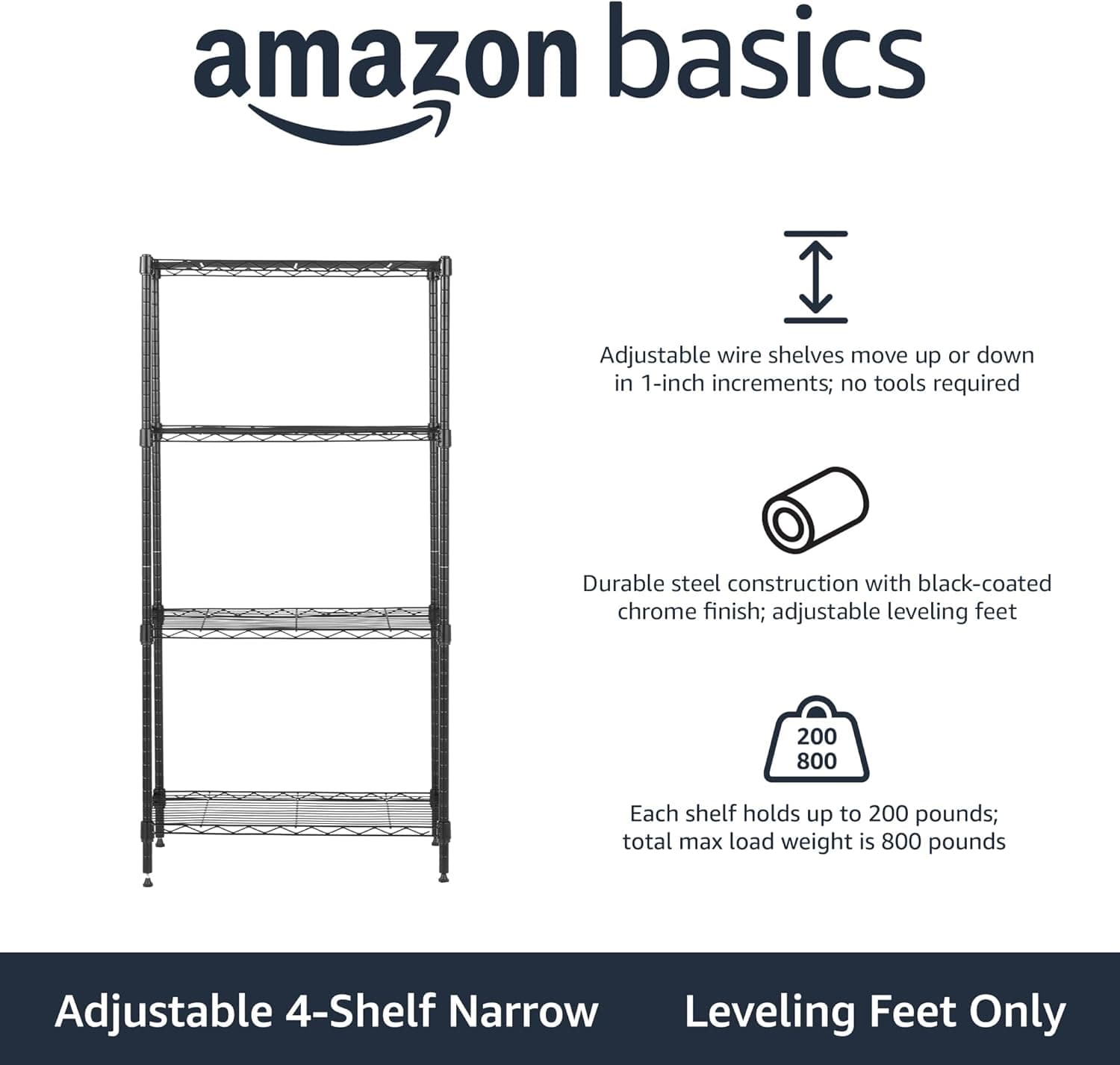 Amazon Basics 4-Shelf Steel Wire Storage Rack, Adjustable, Sturdy, Easy Assembly, 13.4 D x 23.2 W x 48 H in, Black 4-Shelf Narrow Black - Image 4