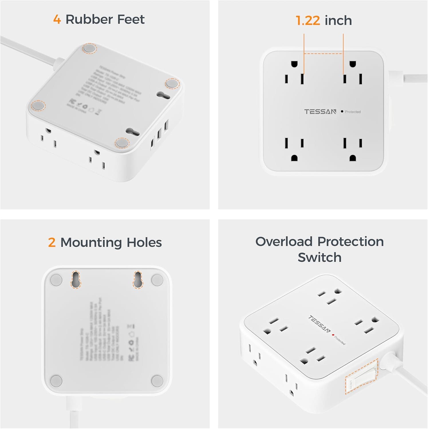TESSAN Surge Protector Power Strip, 5 Ft Flat Plug Extension Cord with 3 USB (1 USB C) 8 Outlets, 1250W, 900J Protection, 3 Sided Outlet Extender with Power Switch for Office, Dorm Room Essentials 5 Feet Grey - Image 8