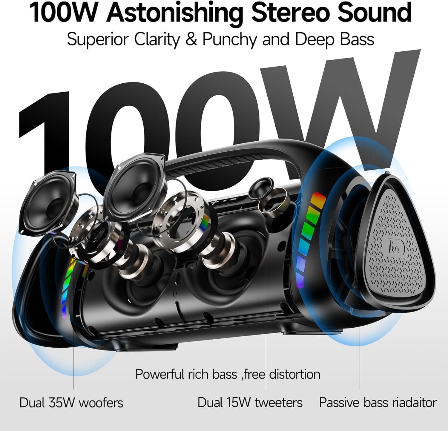 LFS Bluetooth Speaker,100W RMS Loud Speakers Bluetooth Wireless with Deep Bass, LED Lights, IPX6 Waterproof, 30H Playtime, Portable Outdoor Speaker Boombox for Camping,Beach, Party - Image 3