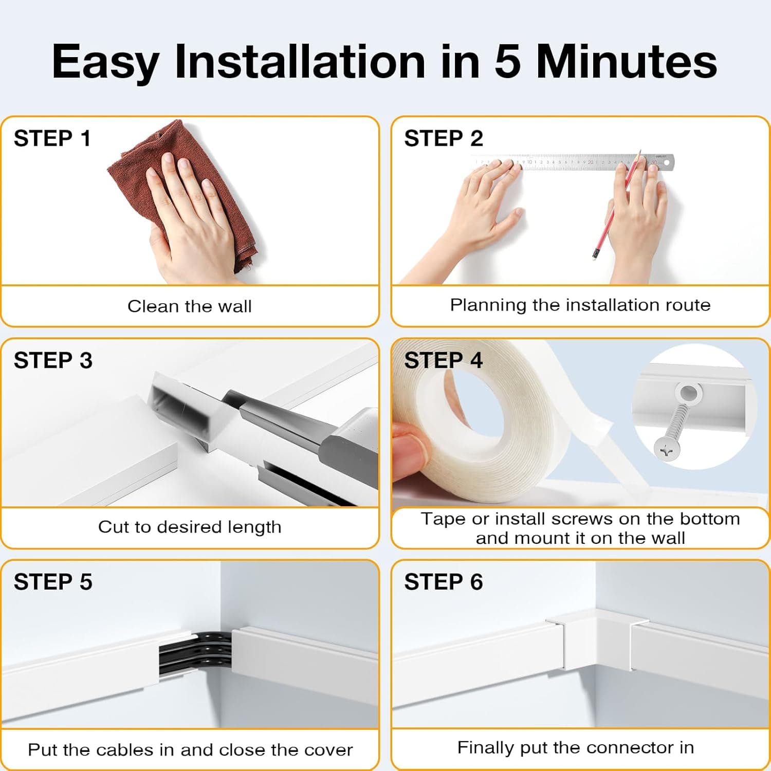 Delamu Cord Hider, 157in Wire Covers for Cords on Wall, Premium Cable Hider Cord Covers for Wires, Cable Management Wire Hiders for TV, Cable Raceway Kit, W0.95 H0.55in, White 157in L x 0.95in W x 0.55in H White - Image 10