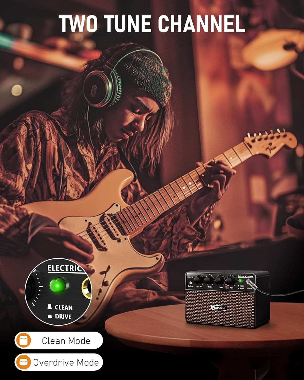 FBA-10 Guitar Amp, 10W Mini Electric Guitar Amplifier with Clean/Drive Channel, 6H Working, USB-C Rechargeable, 3.5mm Headphone/AUX Jack, Wireless Portable Amp for Indoor Practice, Traveling Black - Image 4