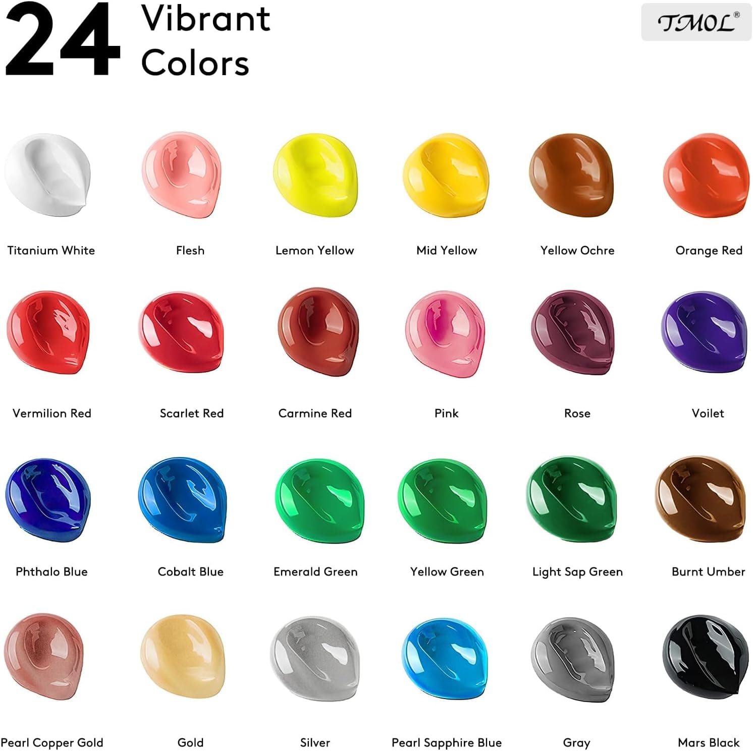 Acrylic Paint Set, 24 Colors (2 oz/Bottle) with 12 Art Brushes, Art Supplies for Painting Canvas, Wood, Ceramic & Fabric, Rich Pigments Lasting Quality for Beginners, Students & Professional Artist 24 Colors Acrylic Paint 2 fl oz/60 ml - Image 3