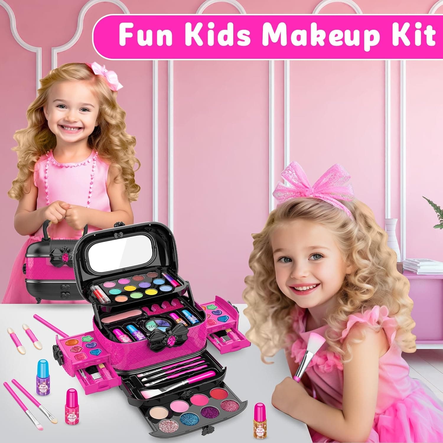 Hollyhi 58 Pcs Kids Makeup Kit for Girl, Princess Toys Real Washable Cosmetic Set with Mirror, Kids Makeup Sets for Girls, Play Make Up Birthday Gifts for 3 4 5 6 7 8 9 10 11 12 Years Old Kid (Rose) Rose and Black - Image 7