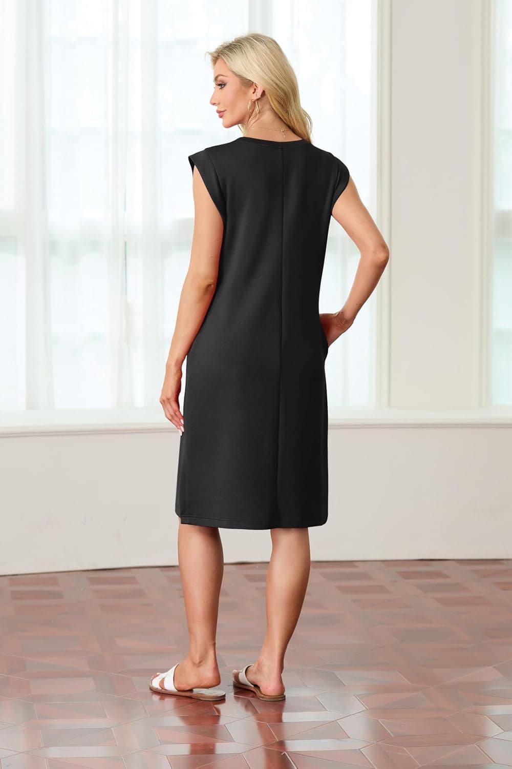 GRECERELLE 2025 Women Summer Round Neck Casual Loose Split Wrinkle-Free Midi Dress with Pockets (XS-3XL) Medium Black - Image 7