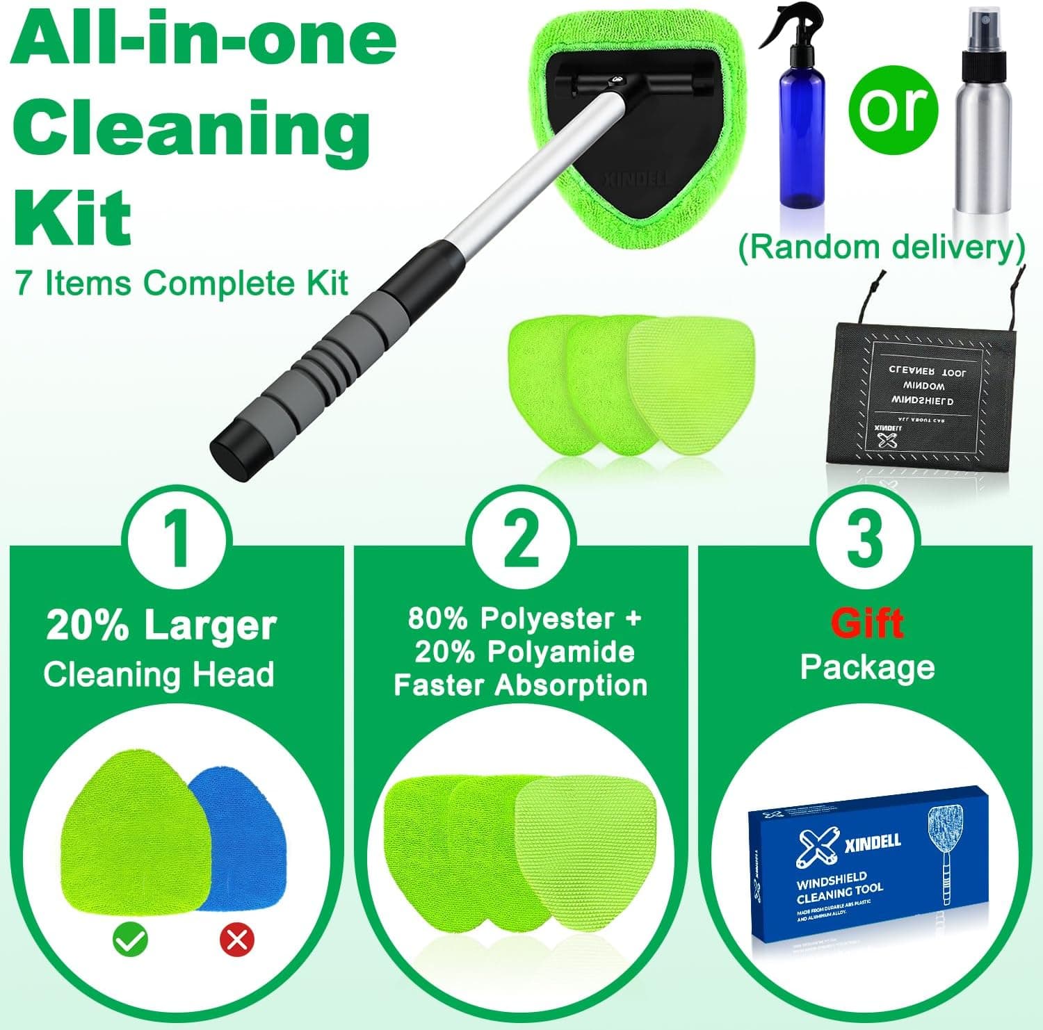 XINDELL Herramienta Limpiadora de Parabrisas – Kit de Limpieza de Ventanas para el Interior del Auto con Mango Extensible y 4 Paños de Microfibra, Cepillo para Limpiar el Parabrisas Interior del Auto y Ventanas del Hogar 19in - Image 2