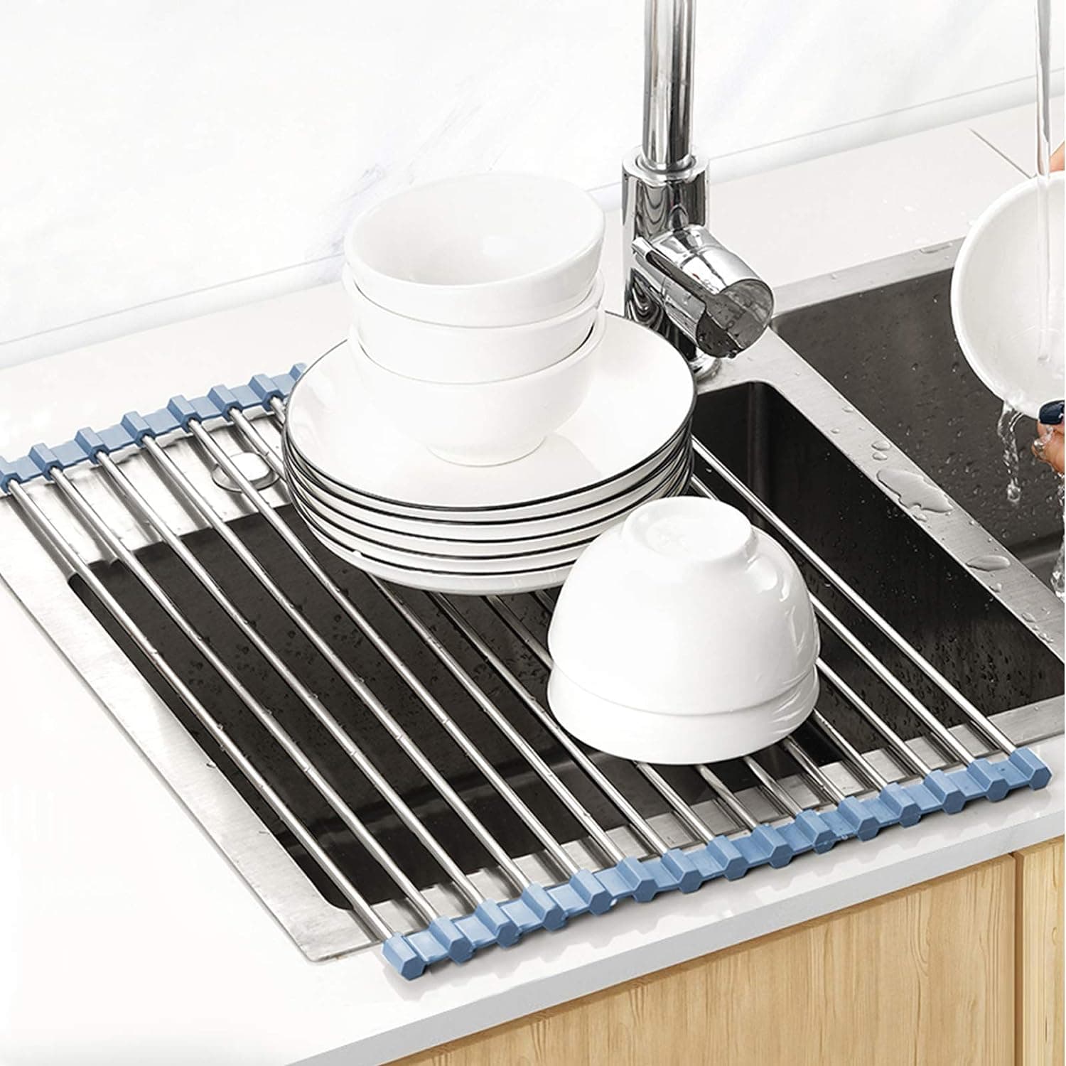 MECHEER Over The Sink Dish Drying Rack, Roll Up Dish Drying Rack Kitchen Dish Rack Stainless Steel Sink Drying Rack, Foldable Dish Drainer, Gray 17.5''x11.8'' - Image 3