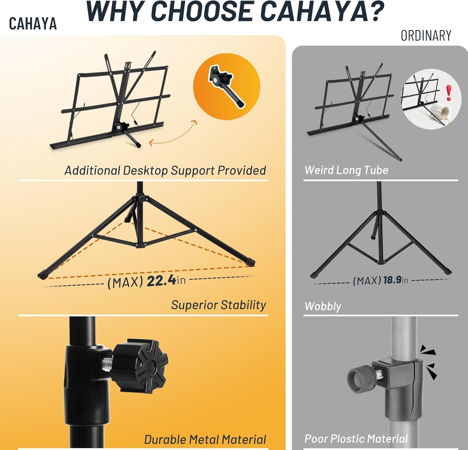 CAHAYA Portable Sheet Music Stand: Dual Use Desktop Book Holder Folding Lightweight Extra Stable Reinforced with Carrying Bag and Clip for Students Musicians Height Adjustable up to 54.3" CMS0204 Standard Version Black - Image 3