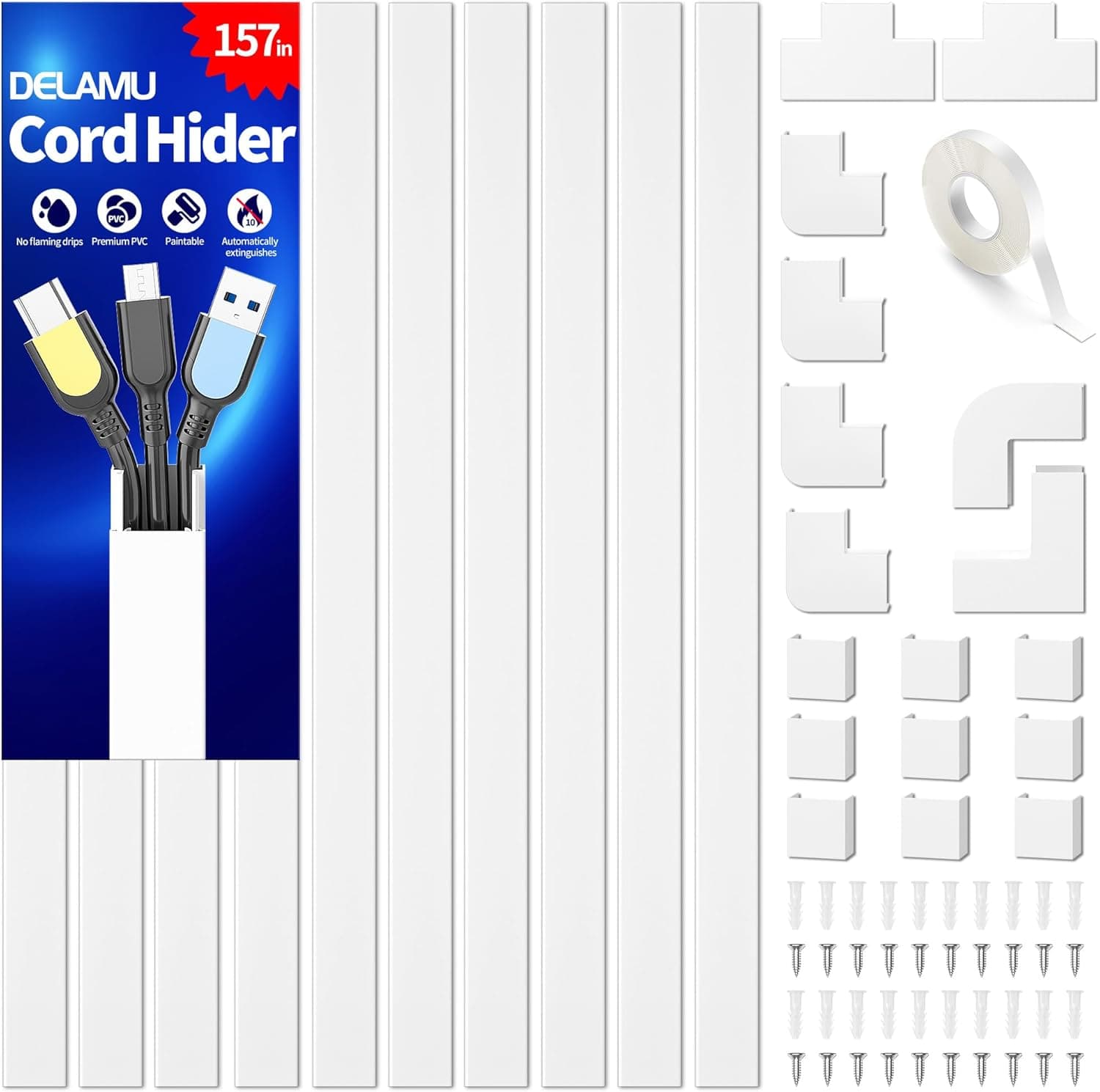 Delamu Cord Hider, 157in Wire Covers for Cords on Wall, Premium Cable Hider Cord Covers for Wires, Cable Management Wire Hiders for TV, Cable Raceway Kit, W0.95 H0.55in, White 157in L x 0.95in W x 0.55in H White - Image 2