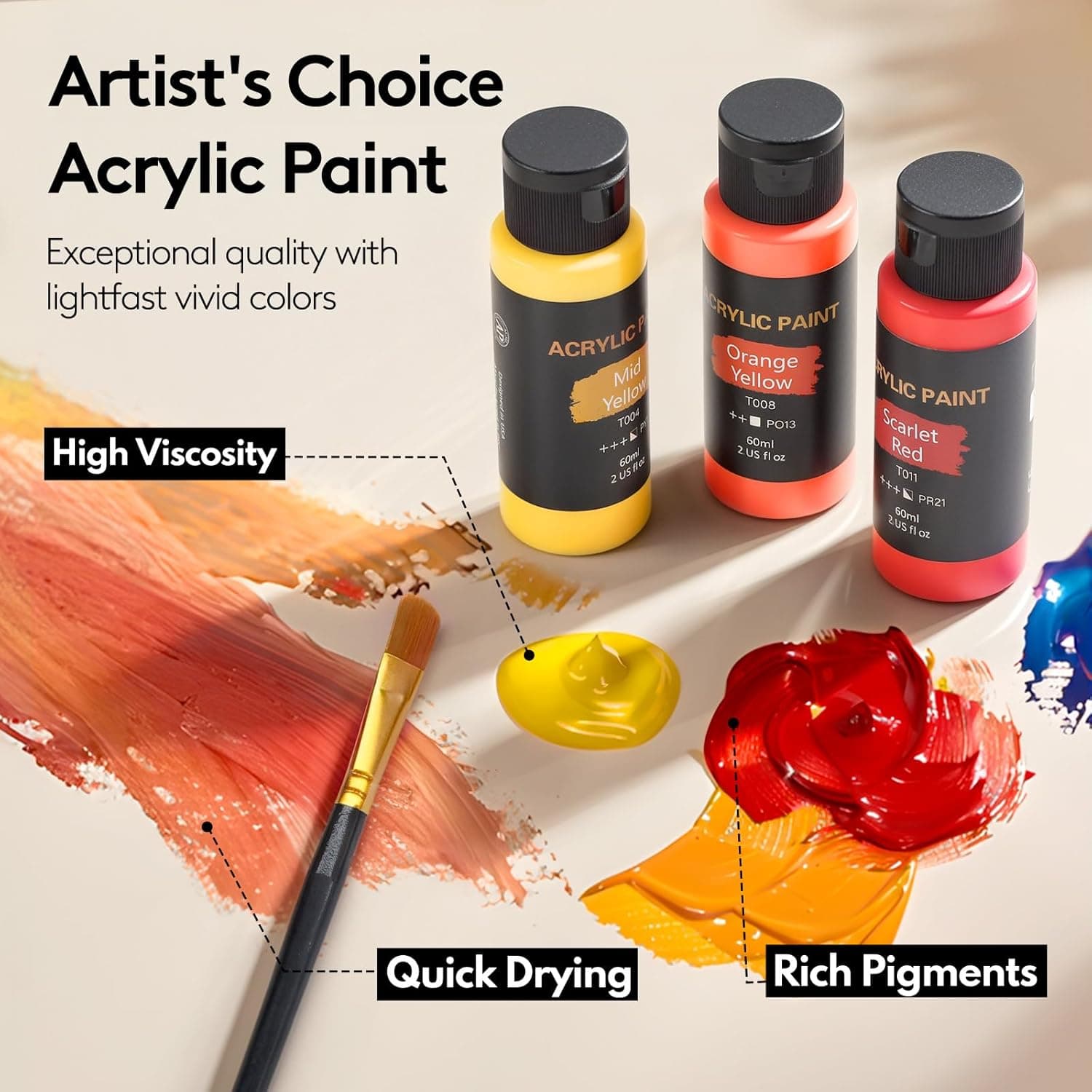 Acrylic Paint Set, 24 Colors (2 oz/Bottle) with 12 Art Brushes, Art Supplies for Painting Canvas, Wood, Ceramic & Fabric, Rich Pigments Lasting Quality for Beginners, Students & Professional Artist 24 Colors Acrylic Paint 2 fl oz/60 ml - Image 4