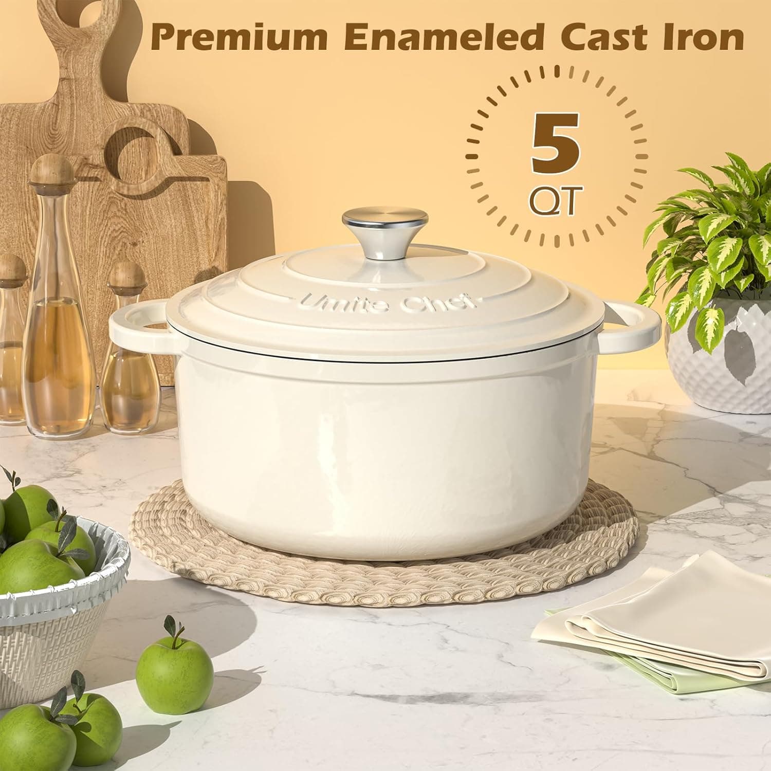 Enameled Cast Iron Dutch Oven - Umite Chef 5QT Pot with Lid & Cotton Potholders - Heavy-Duty Cookware for Bread Baking, Braising, Stews, Roasting(Cream White) - Image 4