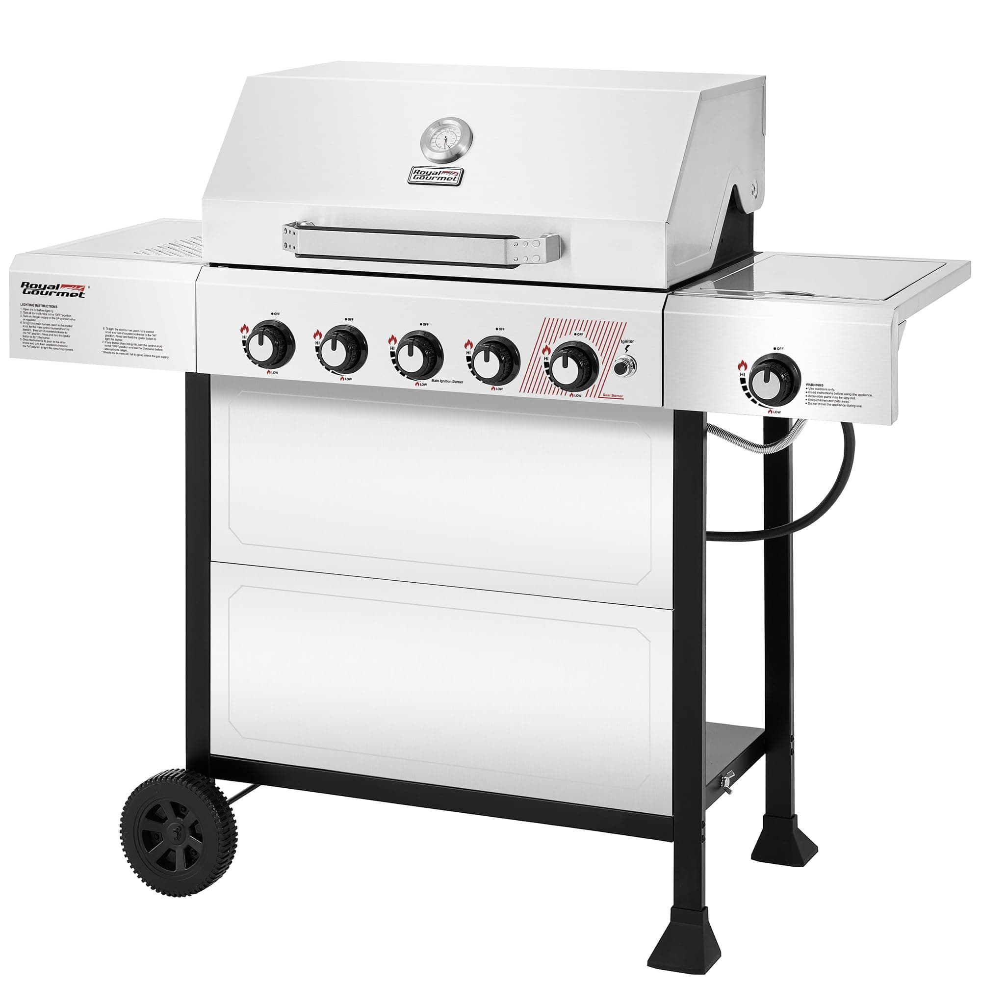 Royal Gourmet GA5401T 5 Burner Propane Gas Grill with Side Burner and Sear Burner, Stainless Steel Gas BBQ Grill with 61,000 BTUs Output for Barbecue Grilling & Backyard Cooking, Silver
