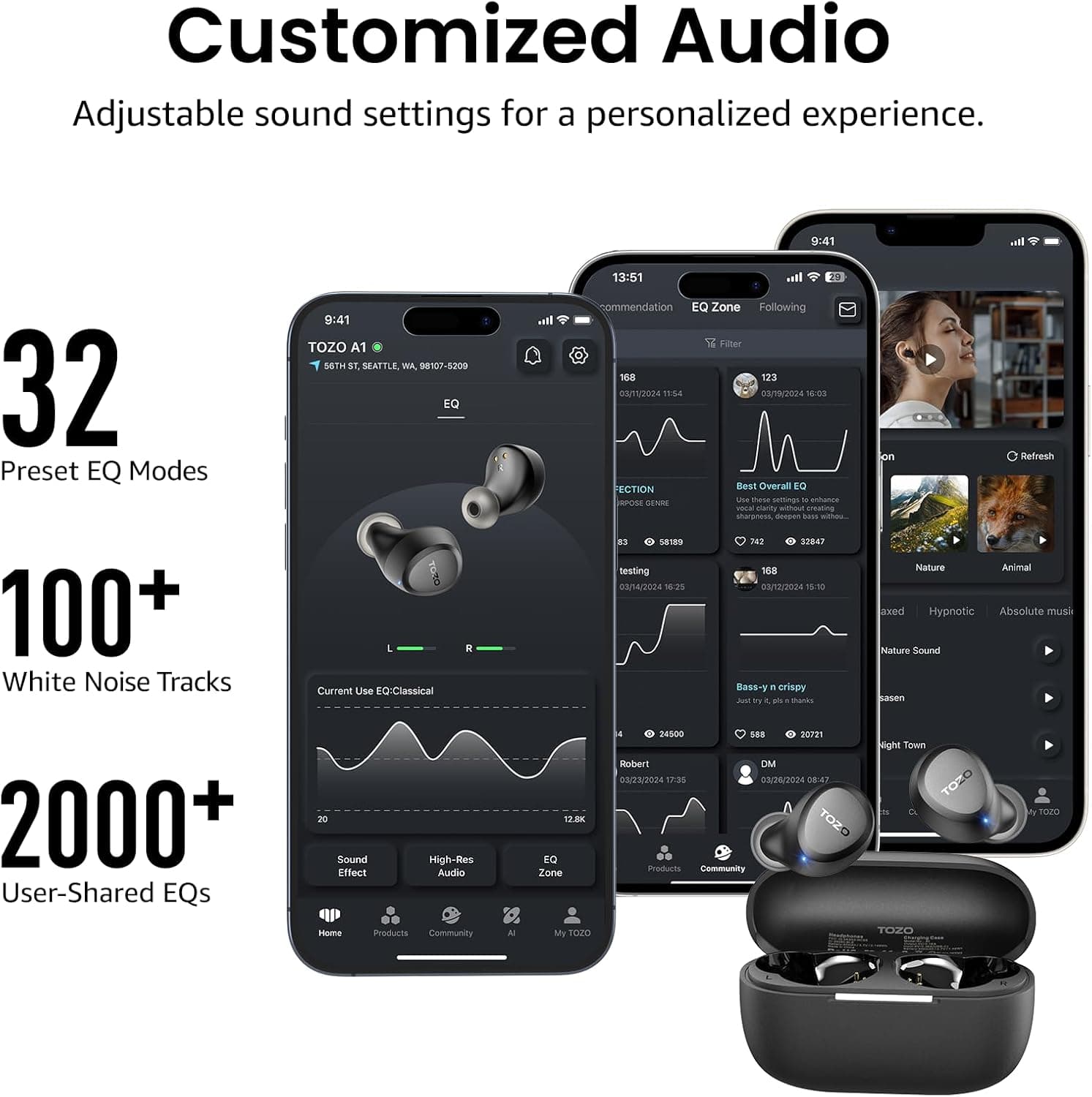 TOZO A1 Wireless Earbuds Bluetooth 5.3 Light Weight in Ear IPX5 Waterproof Headphones 2 Mic for AI Calls, Immersive Premium Sound Bass Headset with Charging Case, 32 Presets EQ Customization via App Black Small Classical Edition - Image 7