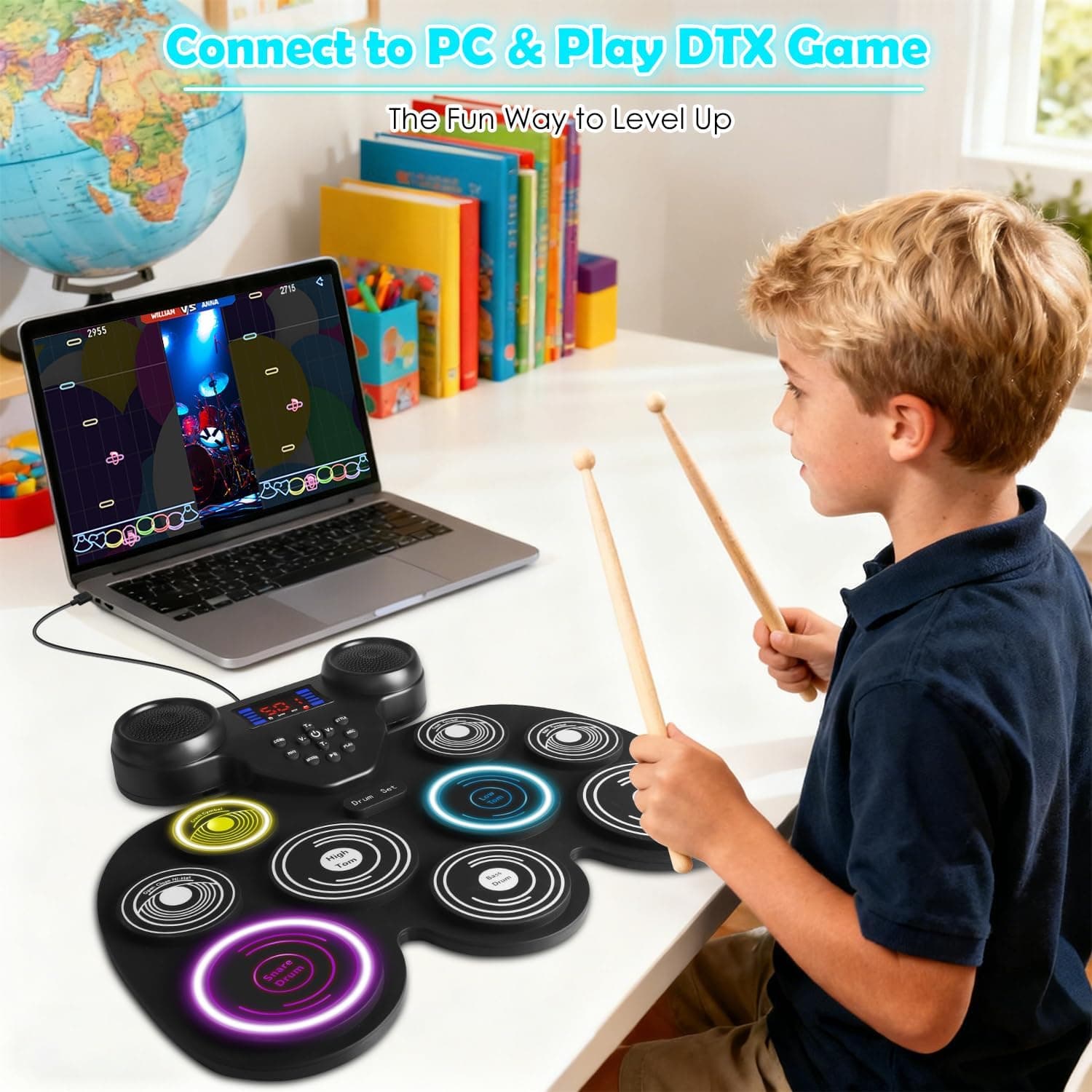 Electric Drum Set with 7-Color Dynamic LED Lights, 9-Pad Electronic Drum Set with Dual Speakers, Bluetooth MIDI, Portable Practice Drum Pad for Kids & Adult Beginners, Christmas Birthday Gift 7-Color LED Light - Image 6