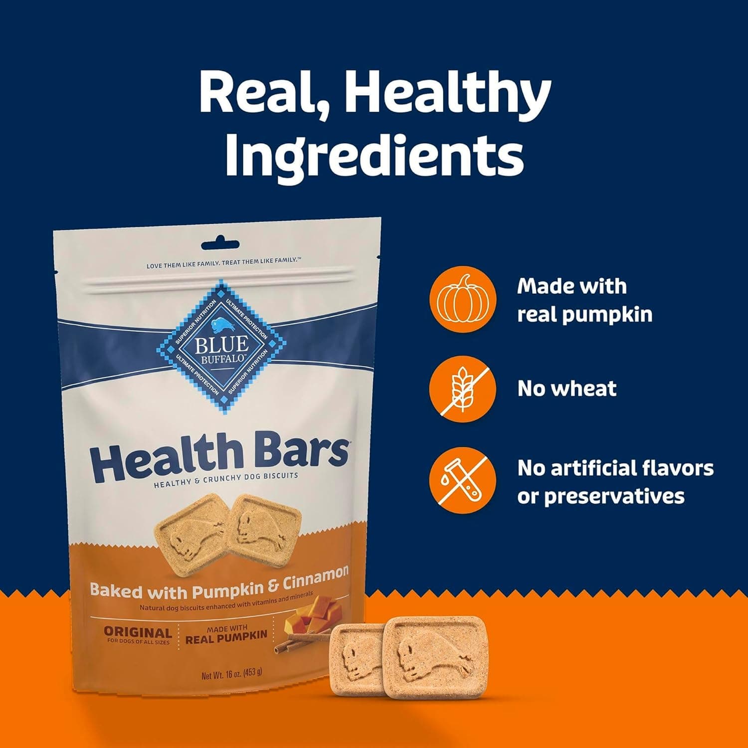 Blue Buffalo Health Bars Crunchy Dog Biscuits, Oven-Baked with Natural Ingredients, Pumpkin & Cinnamon, 16-oz Bag Pumpkin & Cinnamon 1 Pound (Pack of 1) - Image 7
