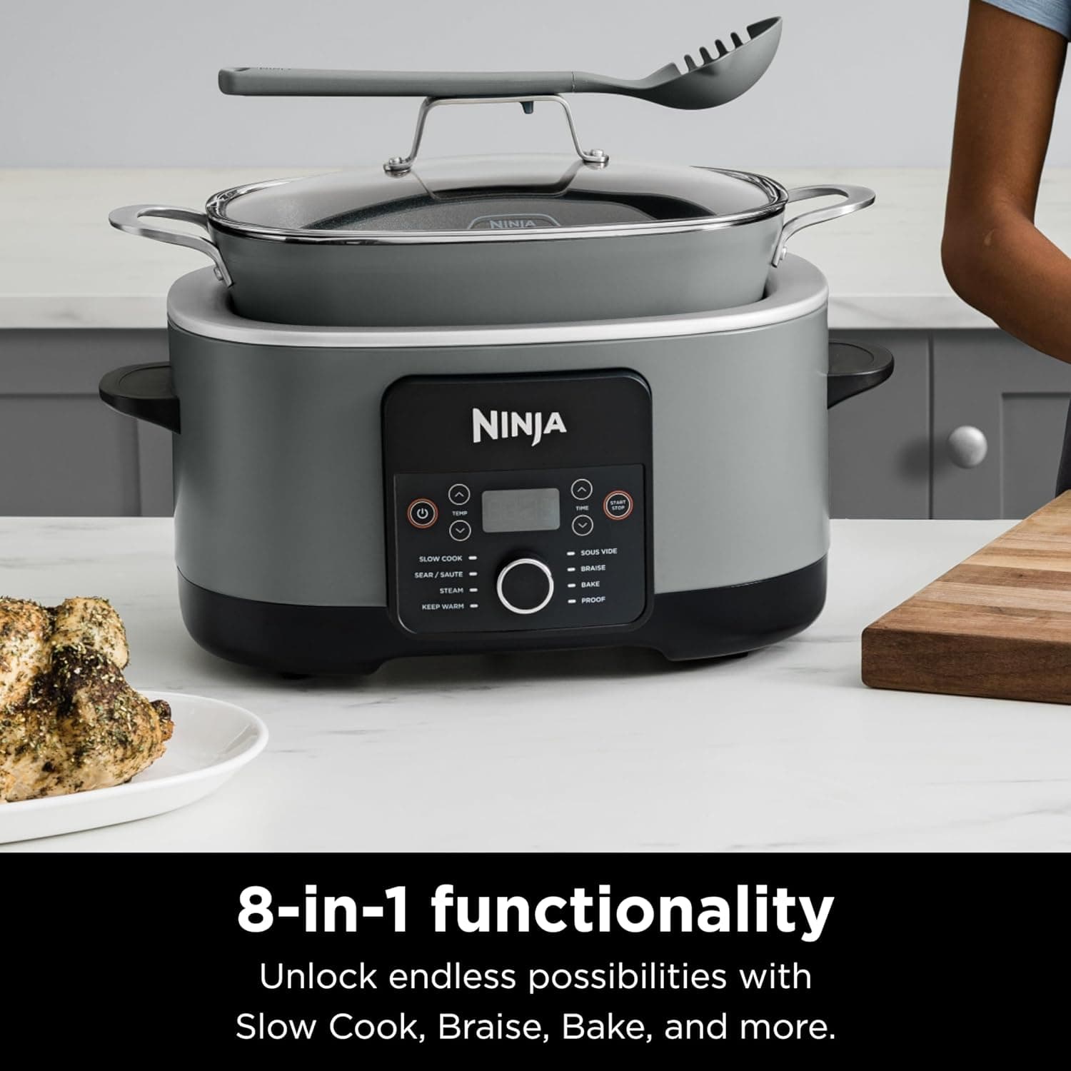 Ninja MC1001 Foodi PossibleCooker PRO 8.5 Quart Multi-Cooker, with 8-in-1 Slow Cooker, Dutch Oven, Steamer, Glass Lid Integrated Spoon, Nonstick, Oven Safe Pot to 500°F, Sea Salt Gray Sea Salt Gray 8.5 Quarts - Image 3