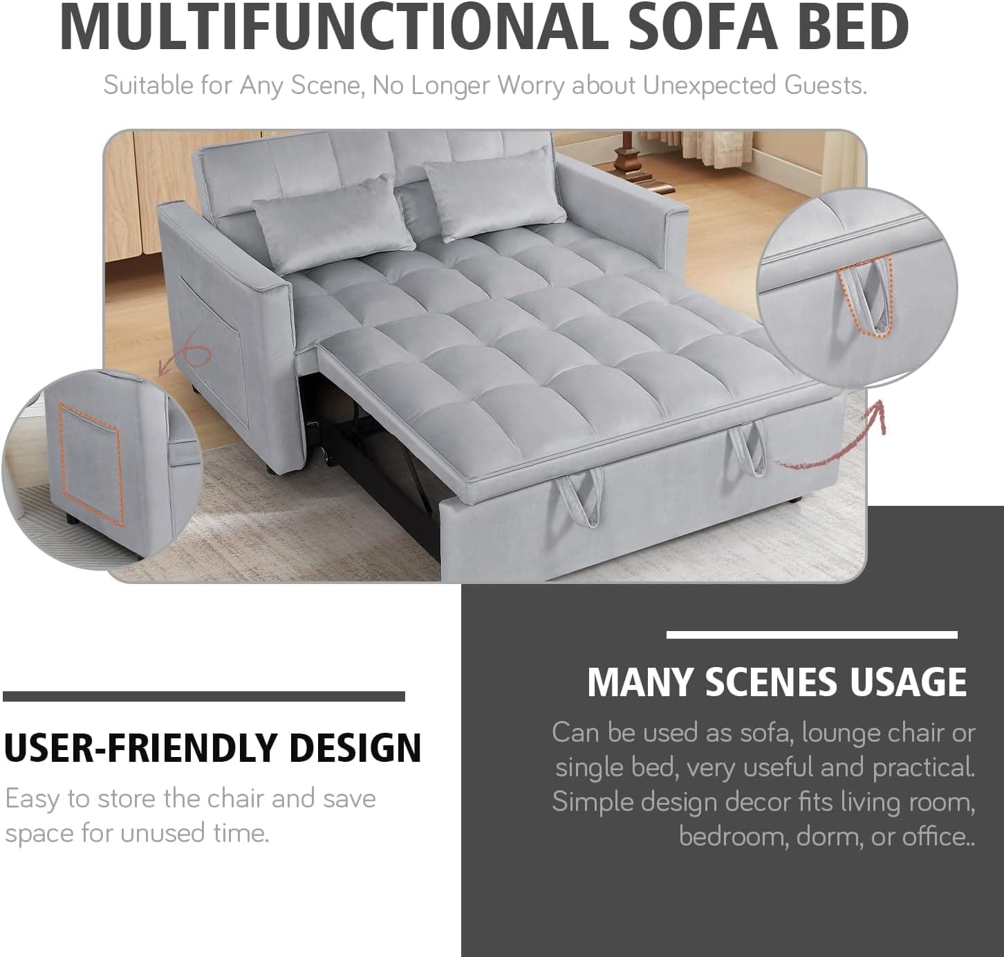 3 In 1 Velvet Convertible Sofa Bed, Pull Out Couch Bed with Reclining Backrest And 2 Pillows, 54" Full Size Loveseat Sleeper Sofa Futon Couch Beds, Couches For Small Spaces, Living Room (Silver Grey) - Image 4