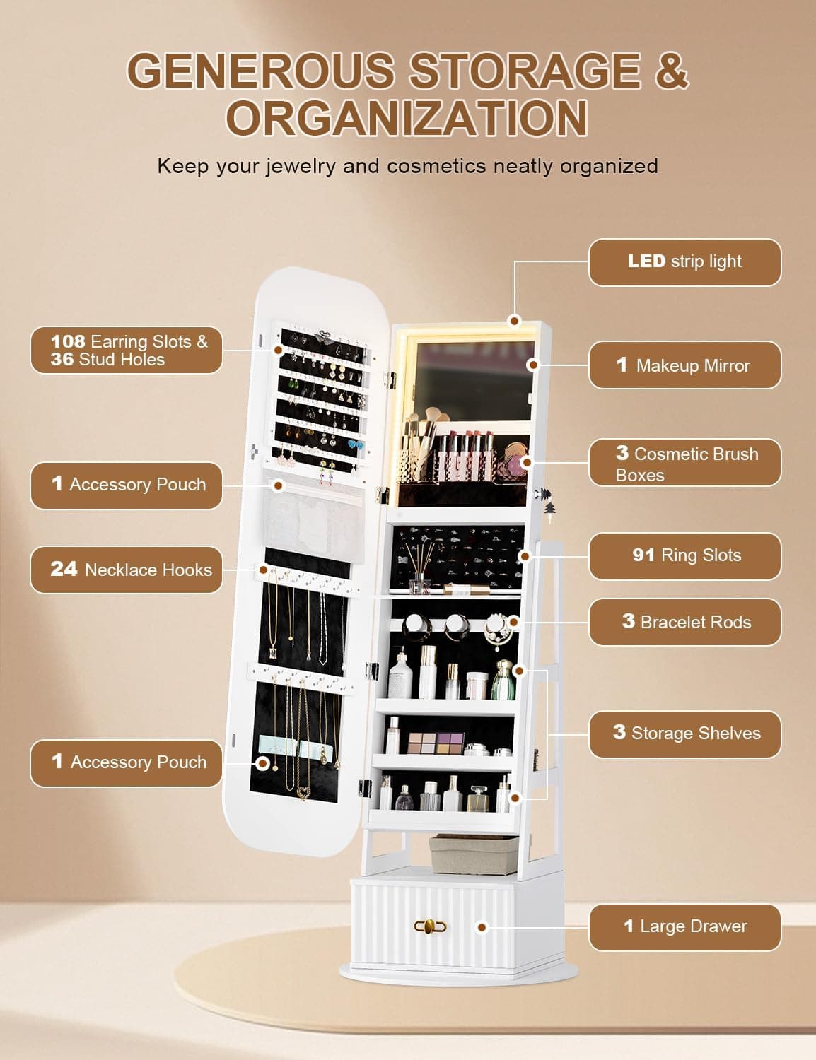 360° Swivel Jewelry Cabinet with Lights - RGB Vanity Mirror | Rotatable Full Length Mirror with Jewelry Storage, Standing Jewelry Armoire Organizer, Foldable Makeup Shelf, White (White 052) - Image 7