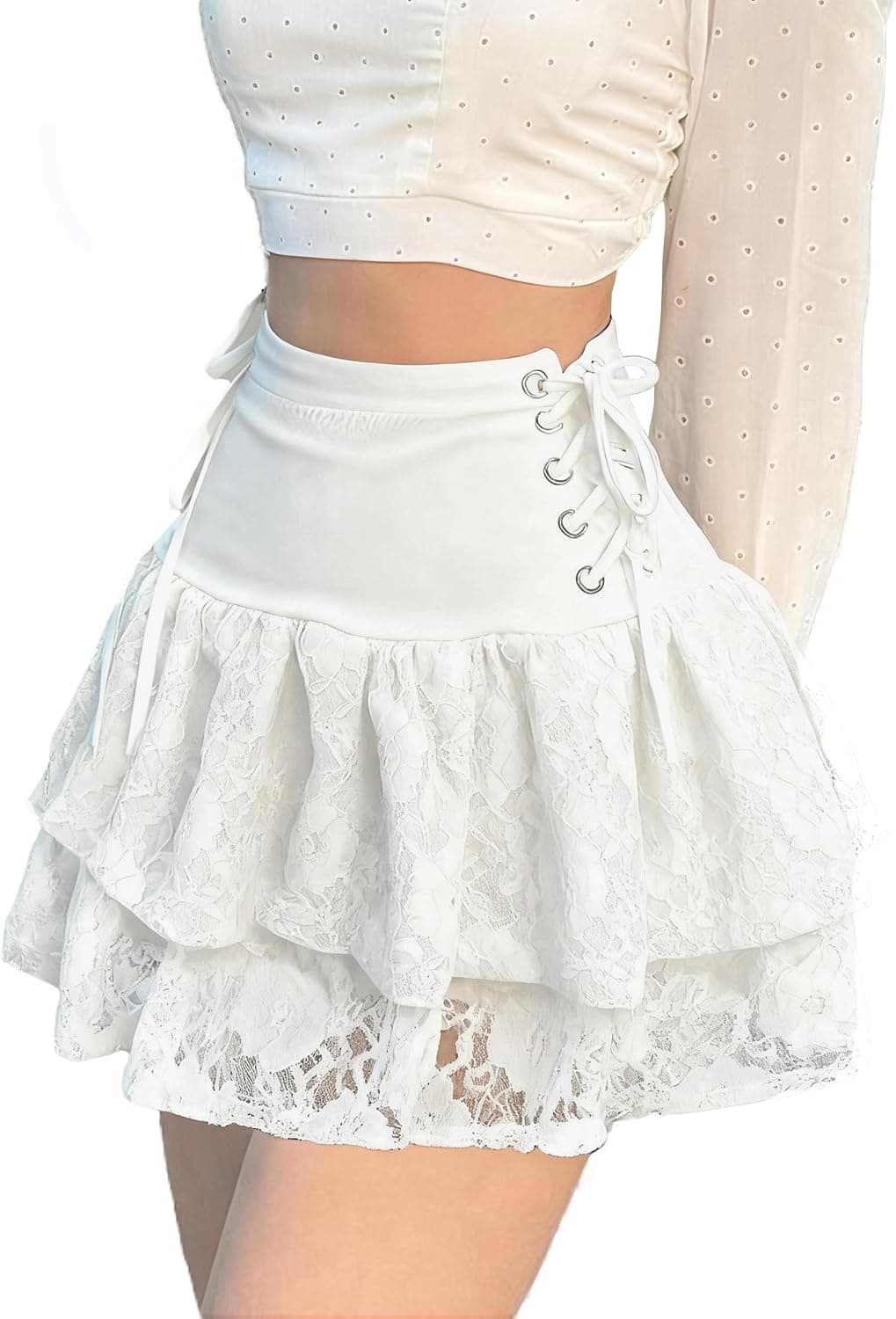 Amazon.com: Sunidol Women's Y2k Lace Double Layered Mini Skirt Side Lace Up Ruched A Line Cute Tiered Ruffle Goth Skirt White S : Clothing, Shoes & Jewelry