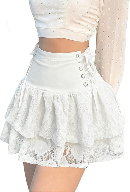 Amazon.com: Sunidol Women's Y2k Lace Double Layered Mini Skirt Side Lace Up Ruched A Line Cute Tiered Ruffle Goth Skirt White S : Clothing, Shoes & Jewelry - Image 7