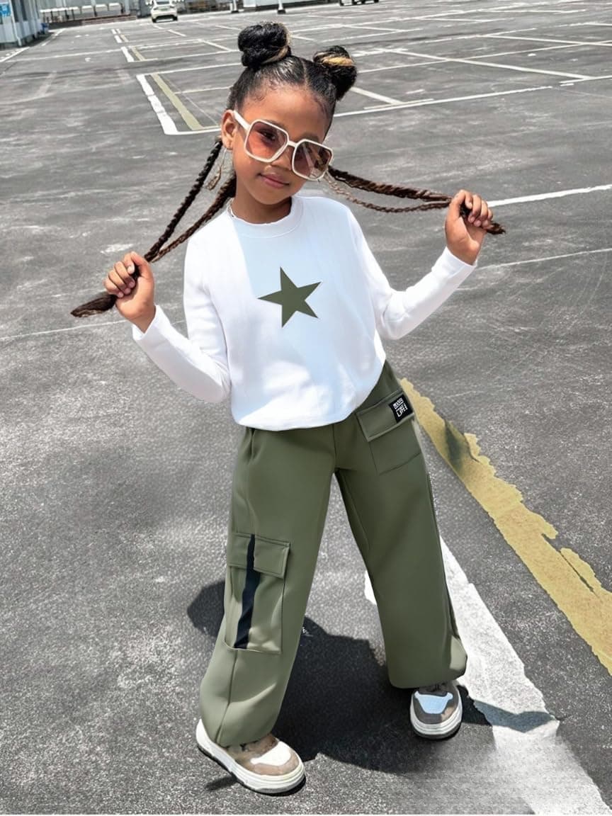 Girls Clothes 2 Piece Outfit Long Sleeve Crop Top + Cargo Pants, Tween Fall Clothing Set, Sizes 5-15 Years Green 9-10 Years - Image 4
