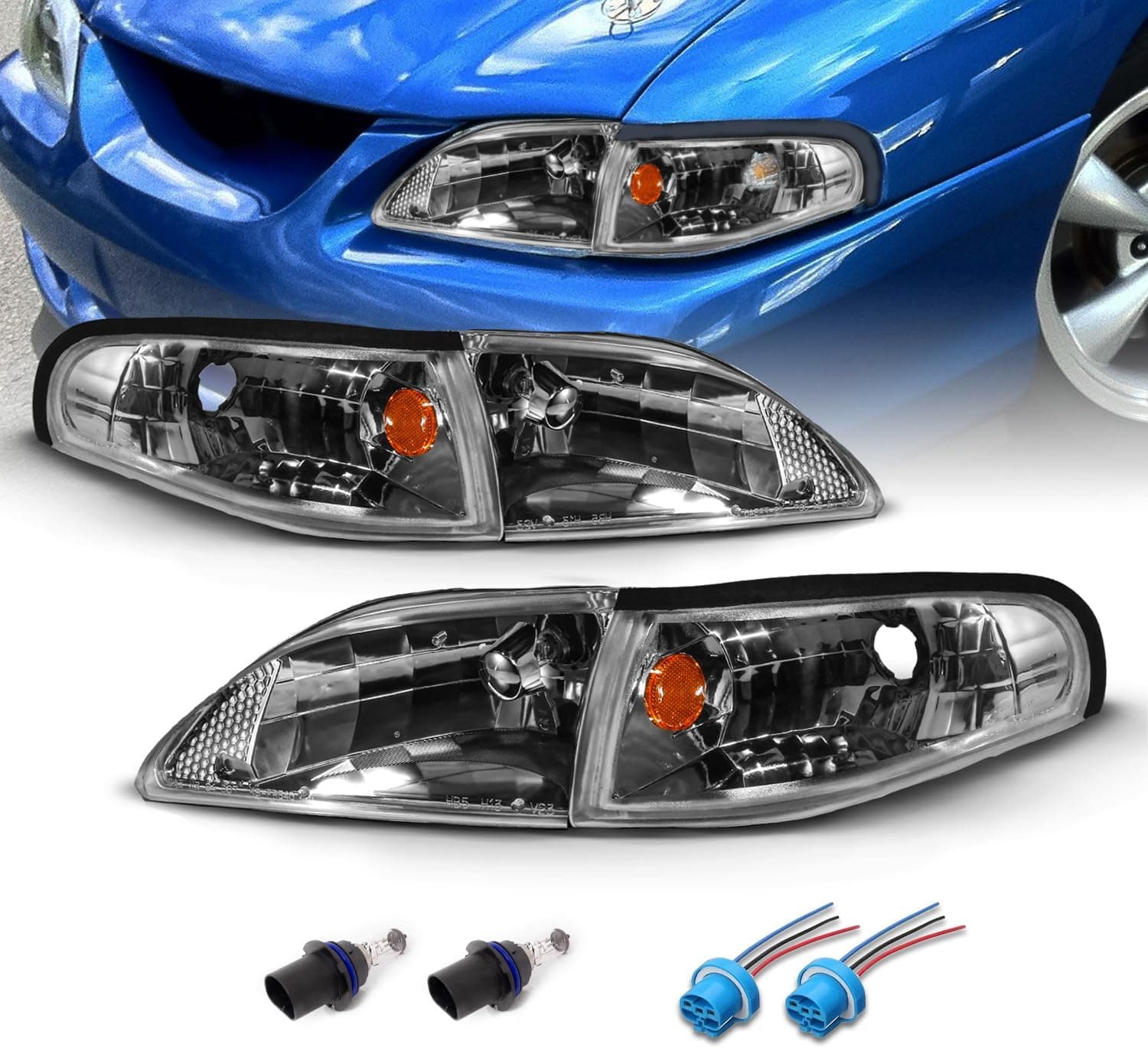 AmeriLite for 1994-1998 Ford Mustang Gun-Metal Replacement Headlights Corner Turn Signal Set - Passenger and Driver Side Gun Metal - Image 2