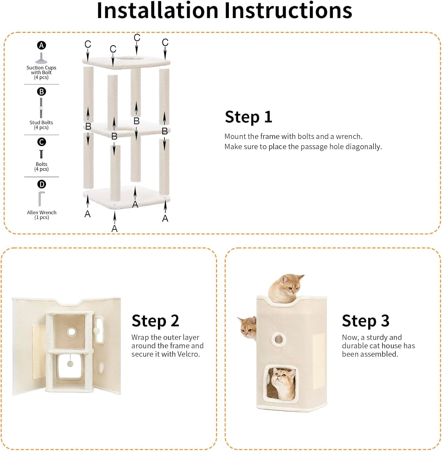 Cat Beds for Indoor Cats, Cat House 2-Story, Cat Condo with Stable Frame and Large Scratch Pad, 24'' Durable Cat Cube Playhouse with Dangling Balls, Perfect for Multiple Pets White 2-Tier Regular - Image 8