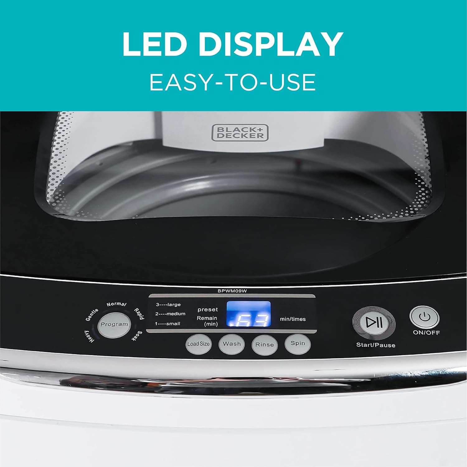 BLACK+DECKER 0.9 Cu. Ft. Portable Washer, 6.6 lb. Capacity Washing Machine for Homes & Apartments, 5 Wash Cycles, Quick Connect Sink Adapter and Drain Hose Included, Transparent Lid, BPWM09W, White - Image 3