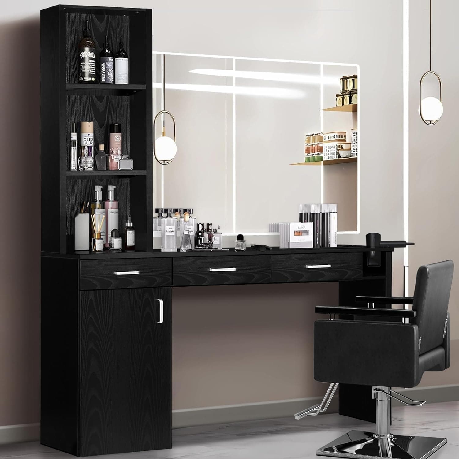 4ever2buy Barber Station for Hair Stylist, Salon Wall Station with Barber Cabinet, Hair Stations Equipment Hair Dryer Holder, Drawers, Wall Mount Barber Beauty Station, Mirror not Included, Black - Image 2