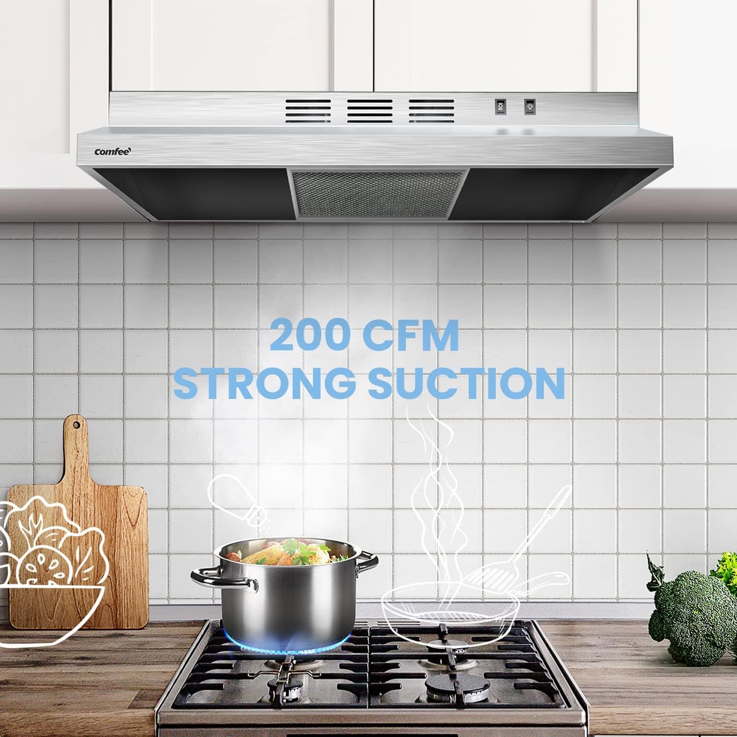 Comfee CVU30W2AST Máy Hút Mùi 30 Inch Ducted Ductless Bằng Thép Không Gỉ Bền Bỉ Cho Bếp Dưới Tủ Với 2 Tốc Độ - Image 3