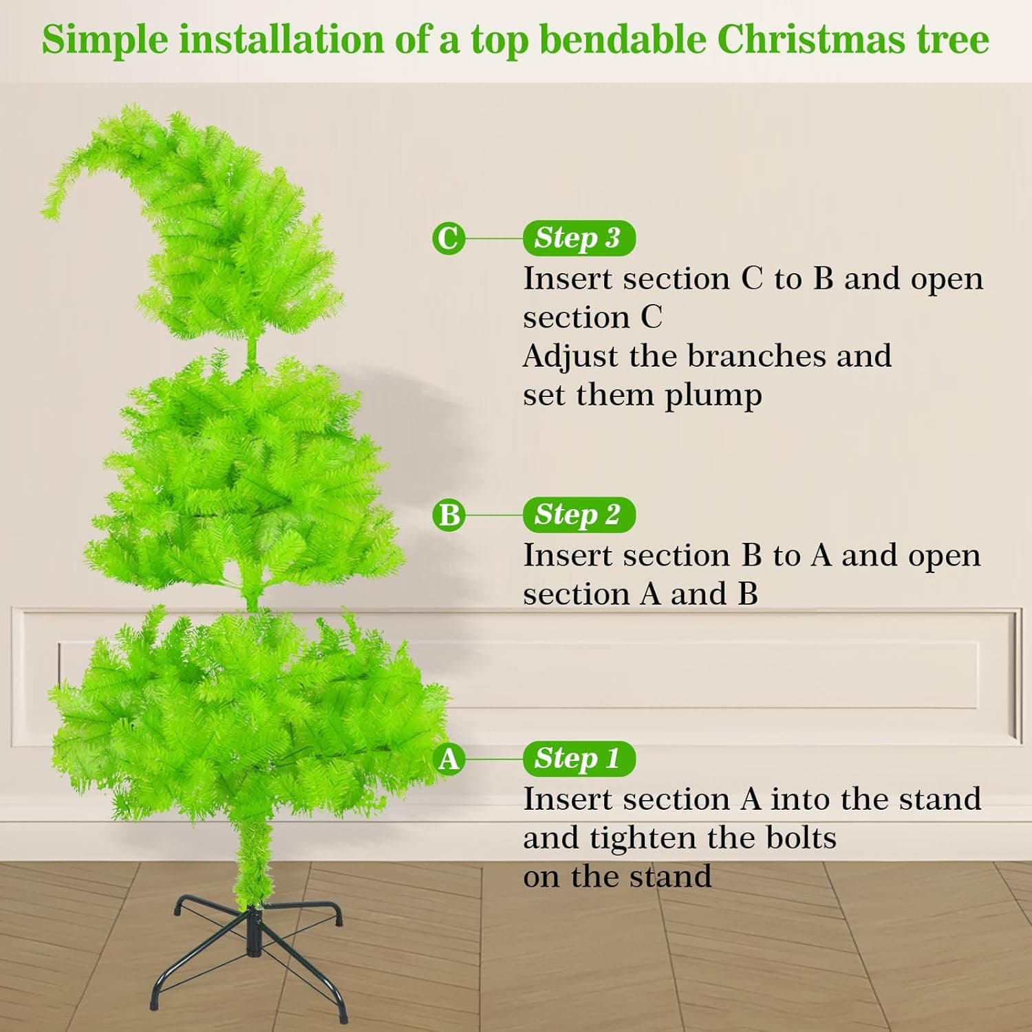 6 FT Grinchie​ Christmas Tree, Top Curved 6ft Upright 7ft Lime Green Xmas Tree with Tree Skirt, Easy Setup Whimsical Artificial Christmas Tree for Christmas Decorations - Image 9