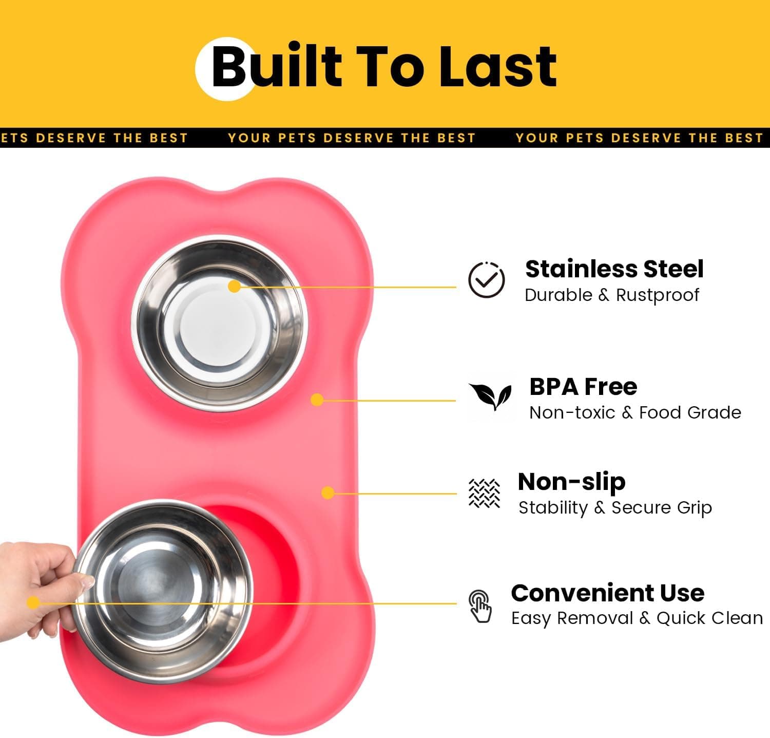 Dog Bowls with Silicone Feeding Mat, No Spill Food Water Dish Set, Dishwasher Safe, 2 Stainless Steel Puppy Bowls, Suitable for Tiny Dogs Kittens Cats Rabbits Pets under 8lbs, Extra Small, Pink Pink Extra Small-5 oz - Image 4